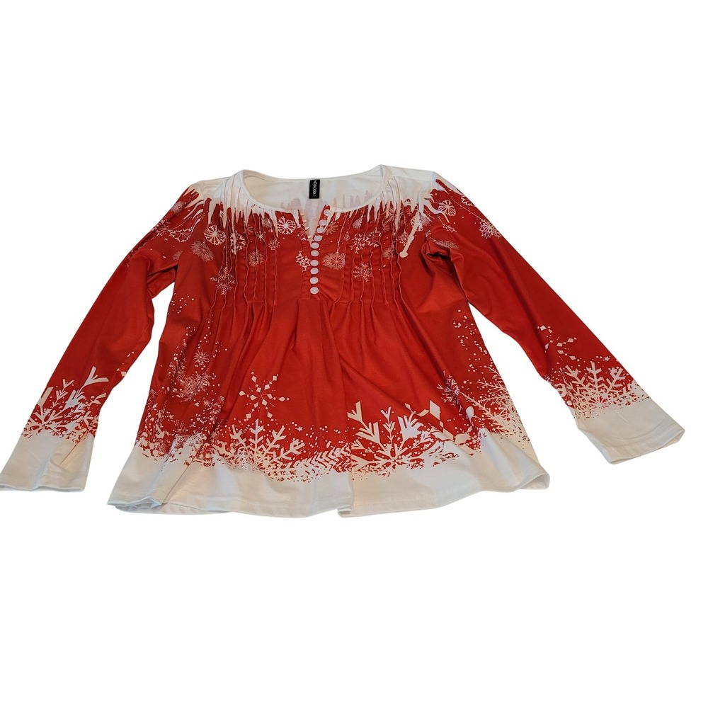 Noracora Snowflake Print Henley Top Womens Small Red White Pintuck Pleated